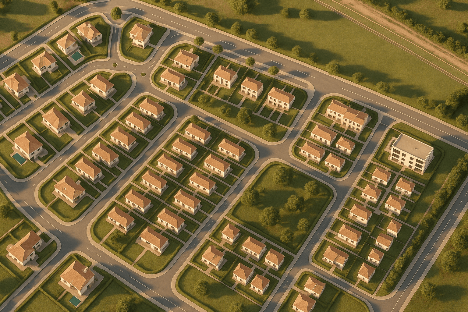 Masterplan aerial view showing lots and infrastructure