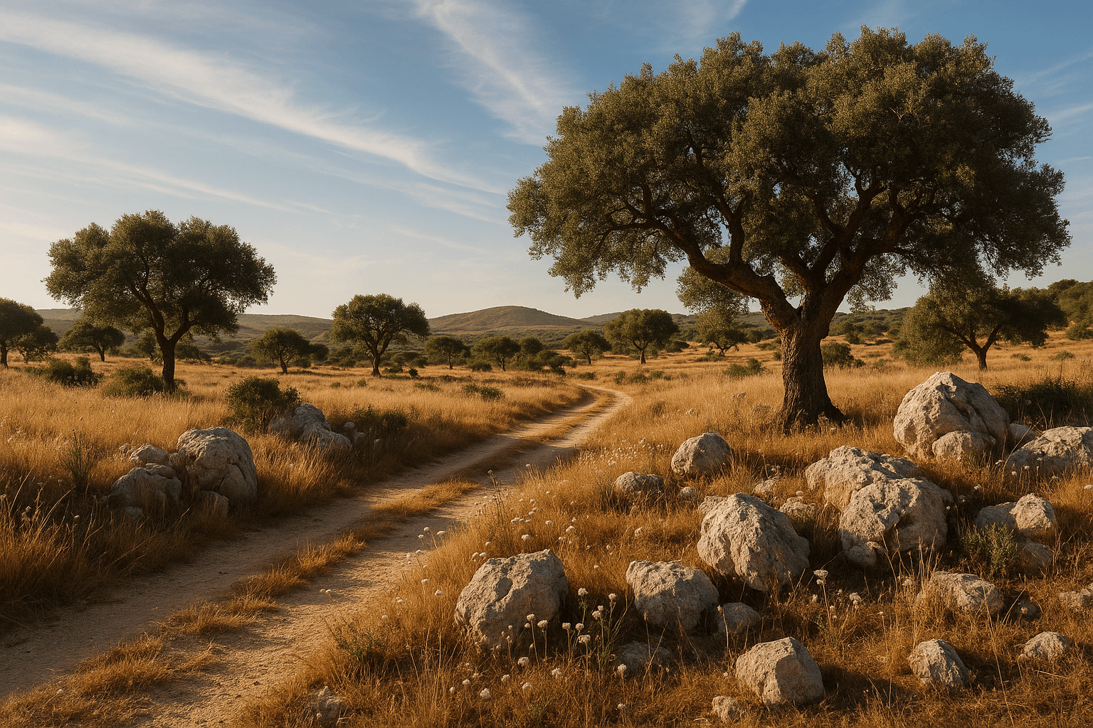 Untouched Portuguese terrain with cork oaks and rolling hills