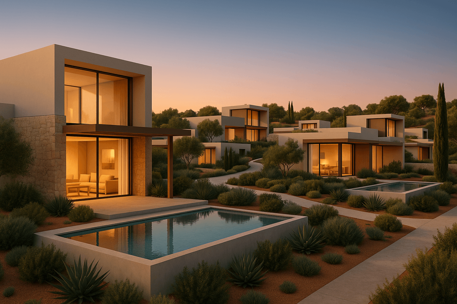 Modern Portuguese villa neighborhood at twilight